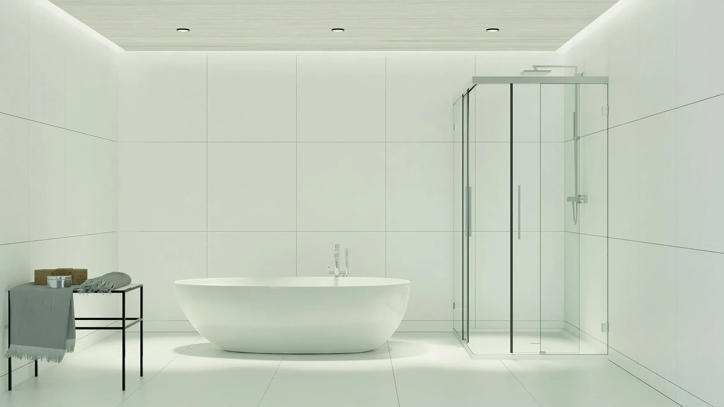 Badezimmer mit Eckduschkabine und Schiebetüren neben eleganter Badewanne