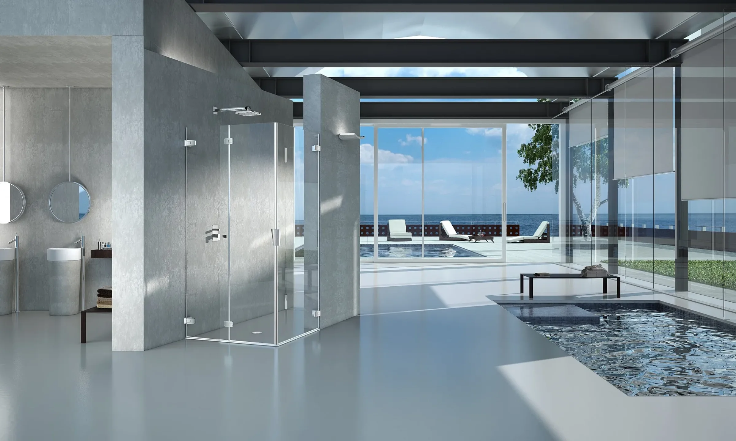 Modernes Bad mit Glas Duschkabine in Eckeinstieg-Bauform und bodengleicher Dusche