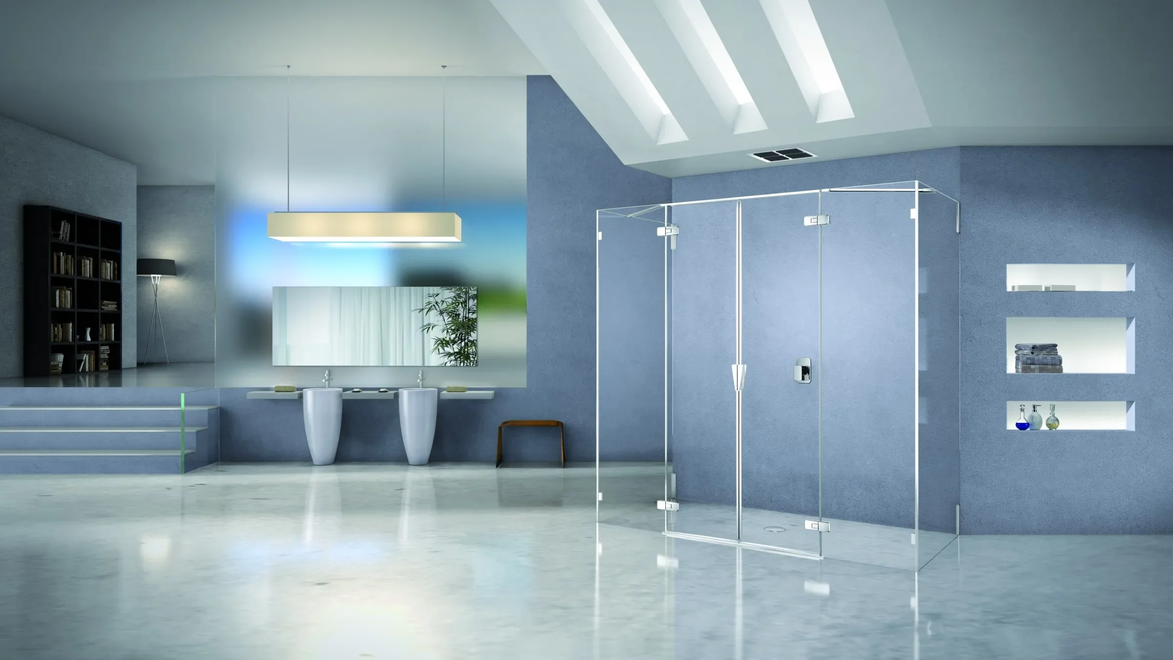 Modernes Bad mit stilvoller Glas-Duschabtrennung, Doppelwaschbecken und eleganten Wanddetails für zeitloses Design
