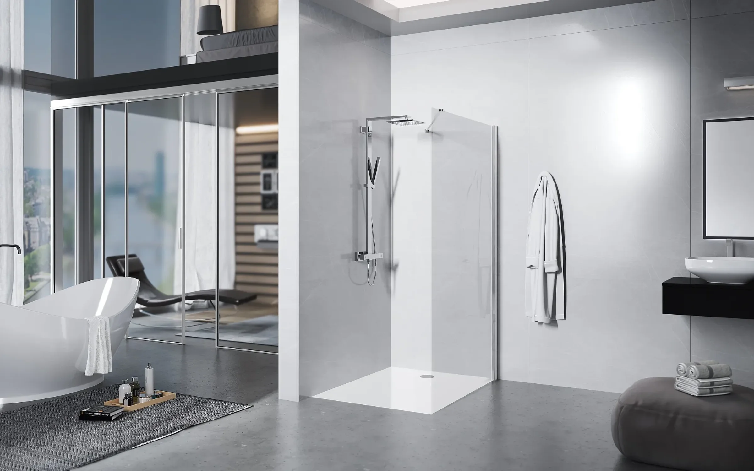 Modernes Bad mit begehbarer Walk-In Dusche und Glas Duschabtrennung in eleganter Ausführung