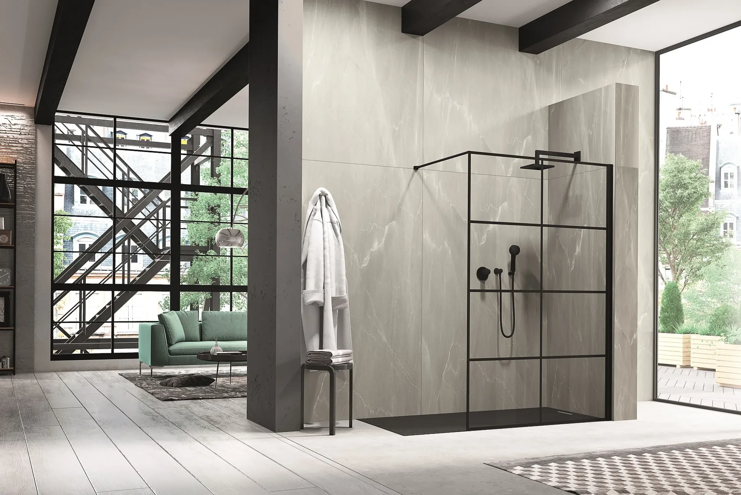 Stylische Walk-In Duschkabine mit schwarzer Glasabtrennung in modernem Badezimmer Design