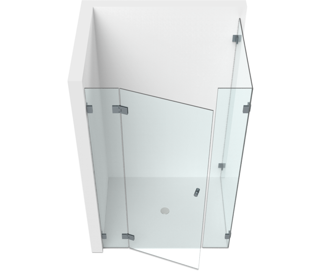 Rahmenlose Glas-Eckdusche mit Pendeltür und festem Seitenteil für moderne Badezimmer