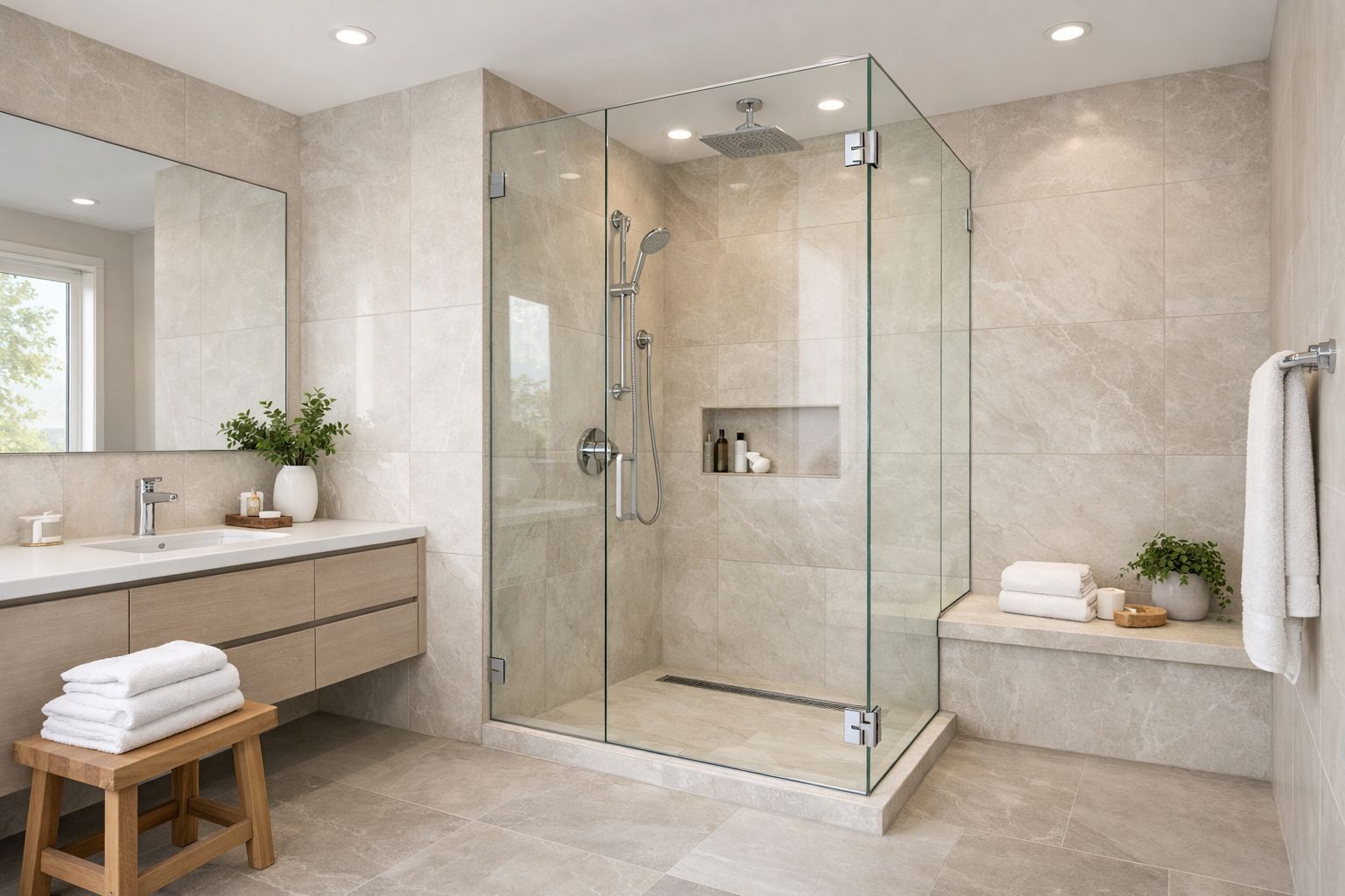 Fachgerecht installierte Glas-Duschtrennwand Eckdusche mit rahmenlosen Beschlägen und Natursteinoptik